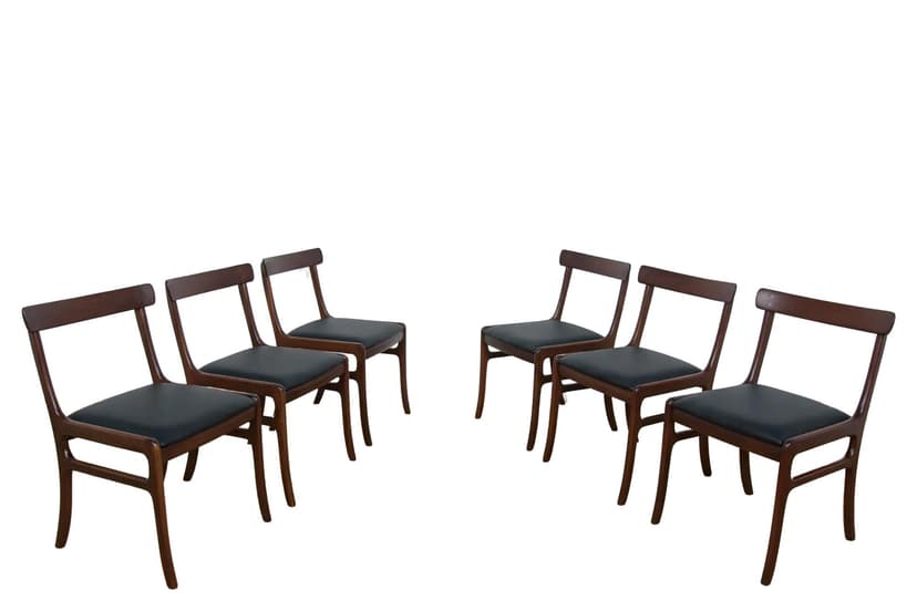 Komplet sześciu krzeseł Rungstedlund, mahoń brązowy, skóra naturalna czarna, proj. O. Wanscher, Poul Jeppesens Møbelfabrik, Dania, lata 60.