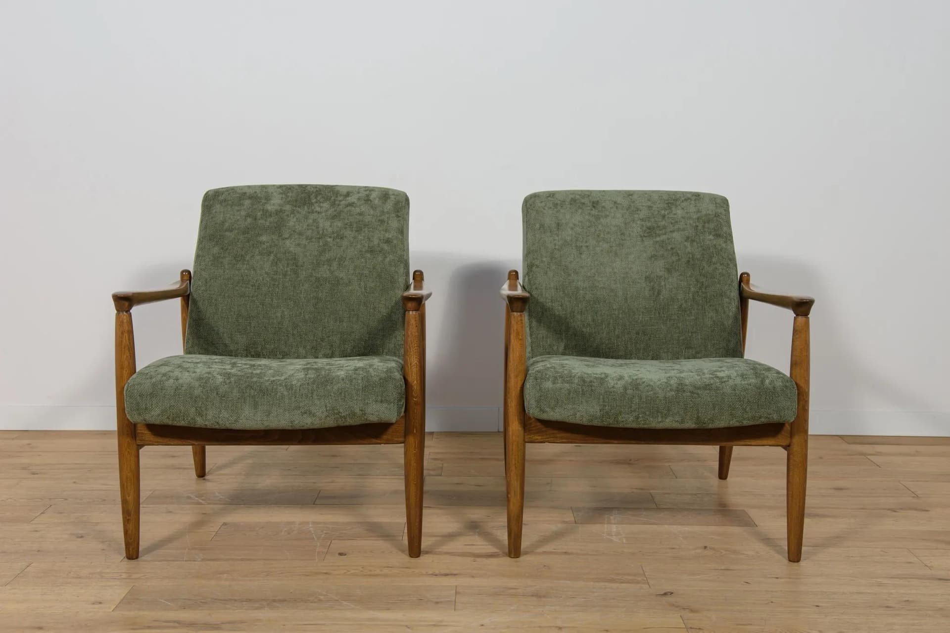Pair of armchairs GFM-64, olive green, beech, by E. Homa, Poland, 1970s. - 74426