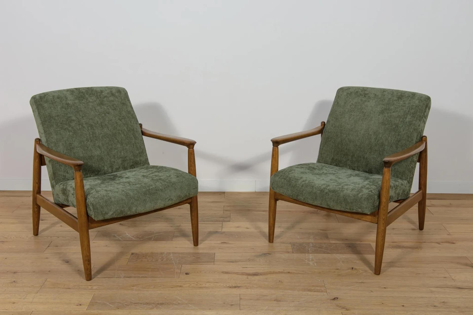 Pair of armchairs GFM-64, olive green, beech, by E. Homa, Poland, 1970s. - 74424