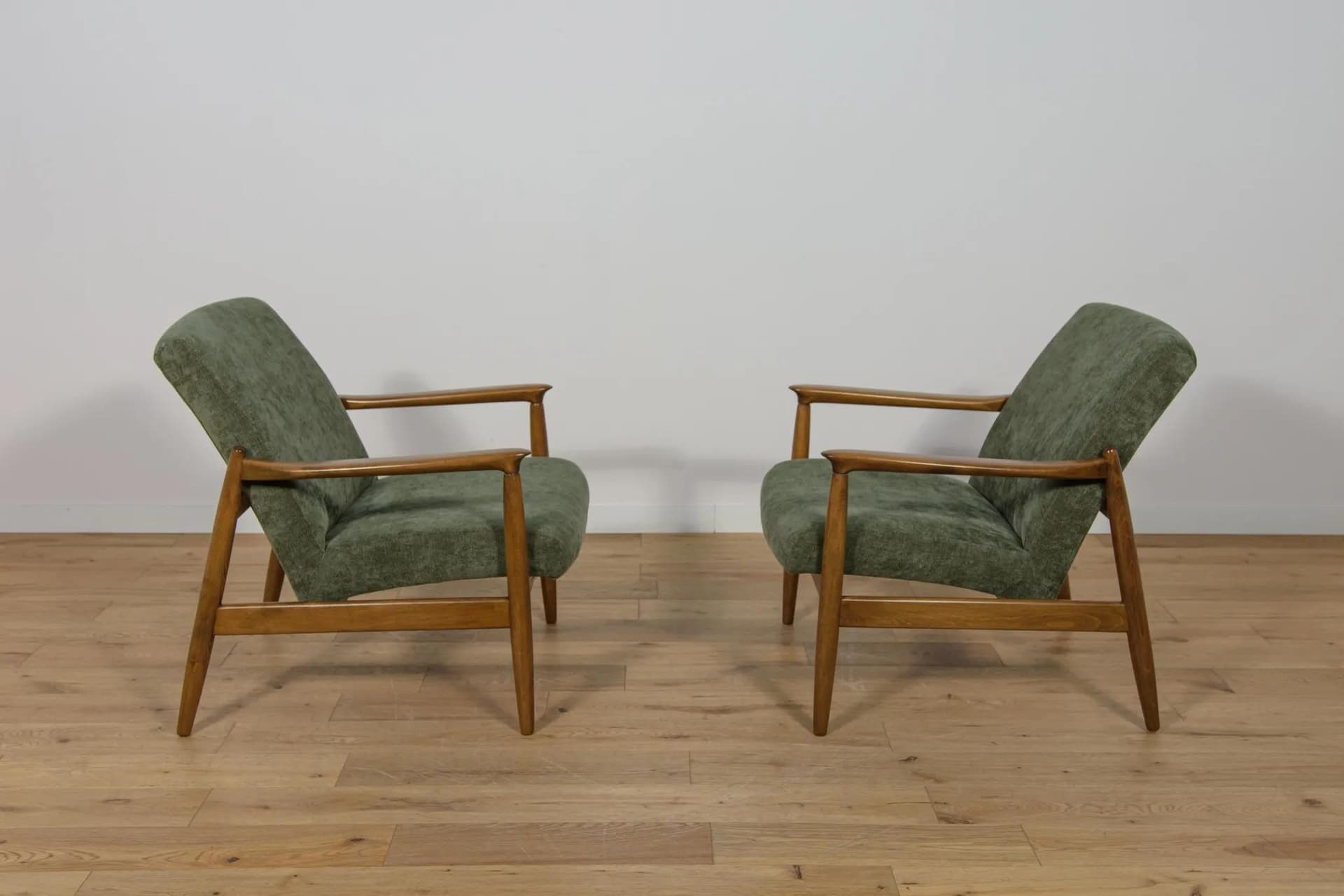 Pair of armchairs GFM-64, olive green, beech, by E. Homa, Poland, 1970s. - 74427
