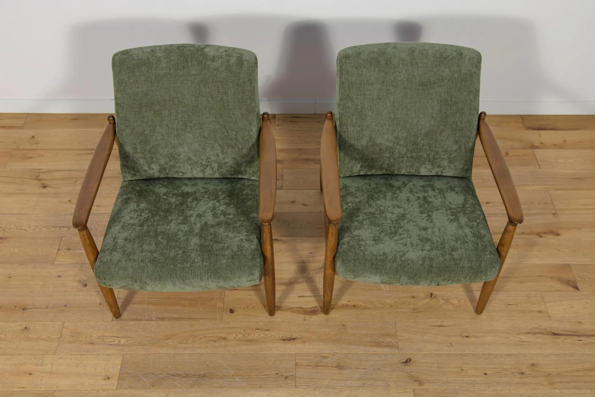 Pair of armchairs GFM-64, olive green, beech, by E. Homa, Poland, 1970s. - 74432