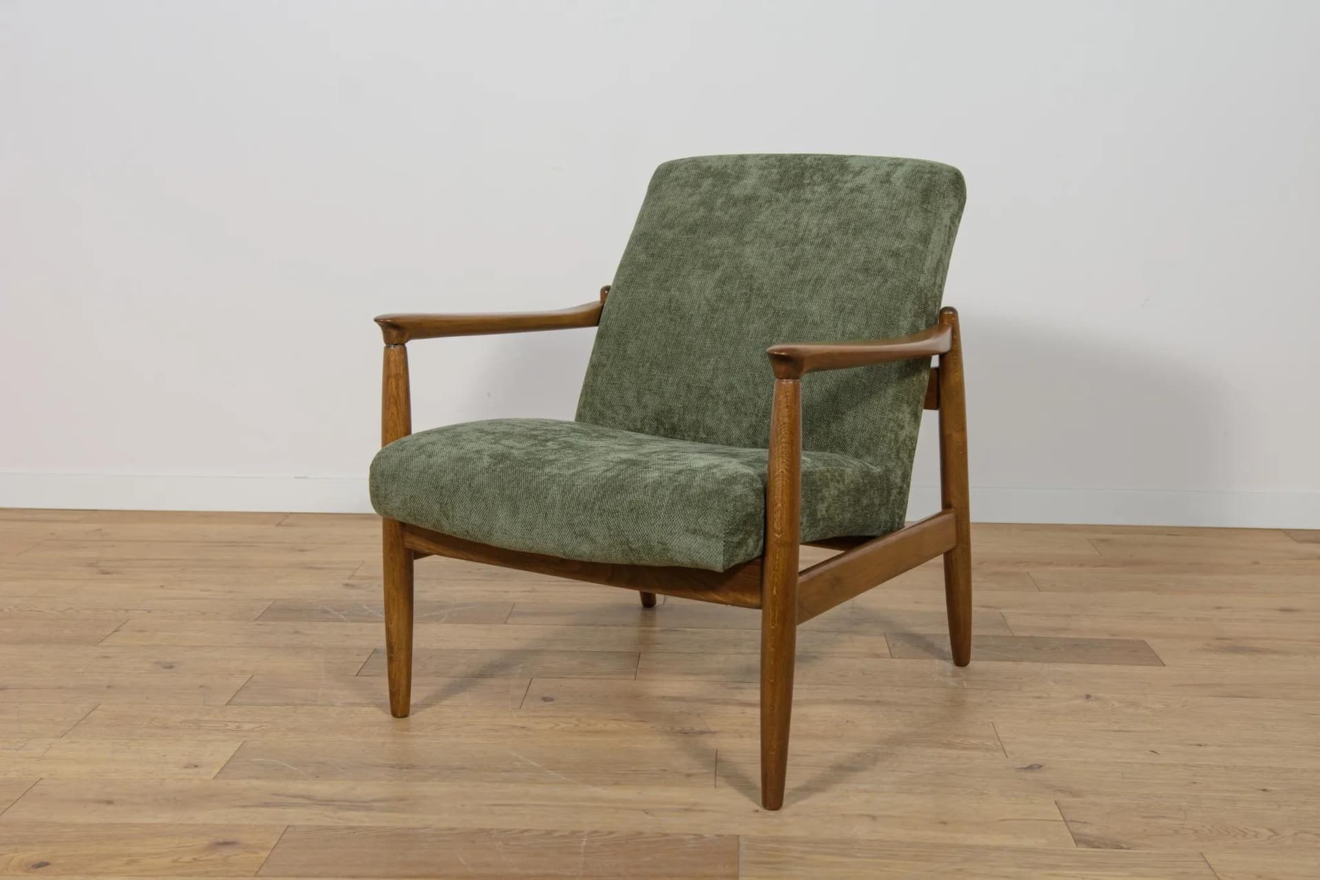 Pair of armchairs GFM-64, olive green, beech, by E. Homa, Poland, 1970s. - 74430