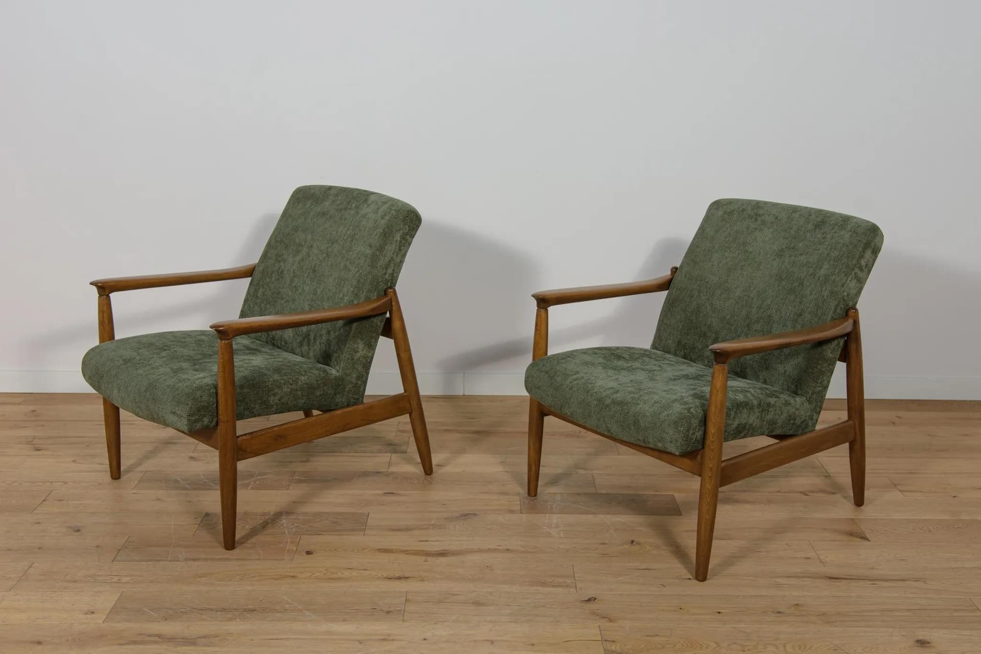 Pair of armchairs GFM-64, olive green, beech, by E. Homa, Poland, 1970s. - 74431