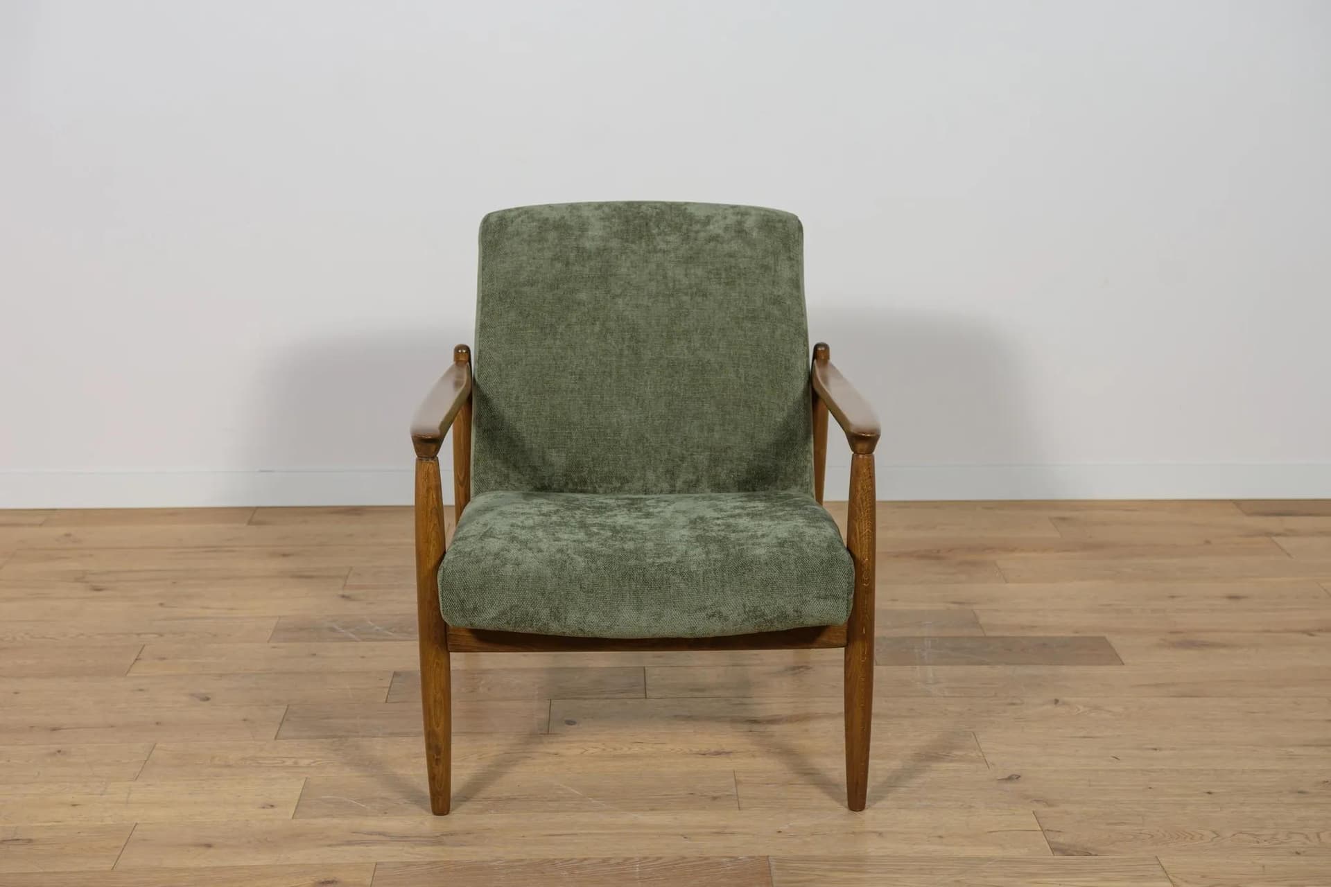 Pair of armchairs GFM-64, olive green, beech, by E. Homa, Poland, 1970s. - 74429