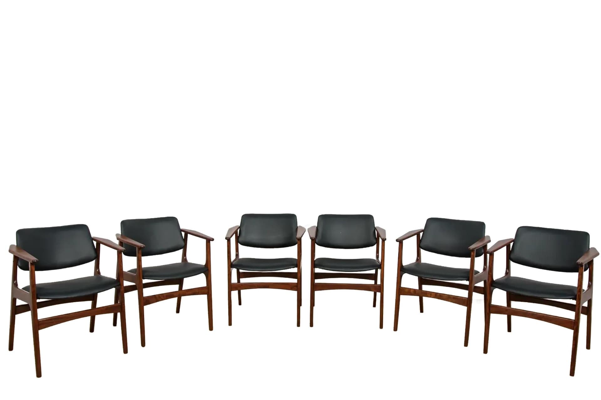 Komplet sześciu foteli, skóra czarna, teak, proj. A. Vodder, Dania, lata 60.