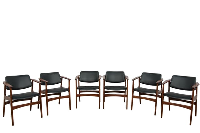 Komplet sześciu foteli, skóra czarna, teak, proj. A. Vodder, Dania, lata 60. - WYMIARY