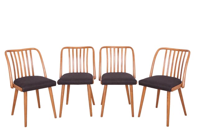 Komplet czterech krzeseł, orzech, tkanina czarna, proj. A. Suman, TON, Czechosłowacja, lata 60. - WYMIARY