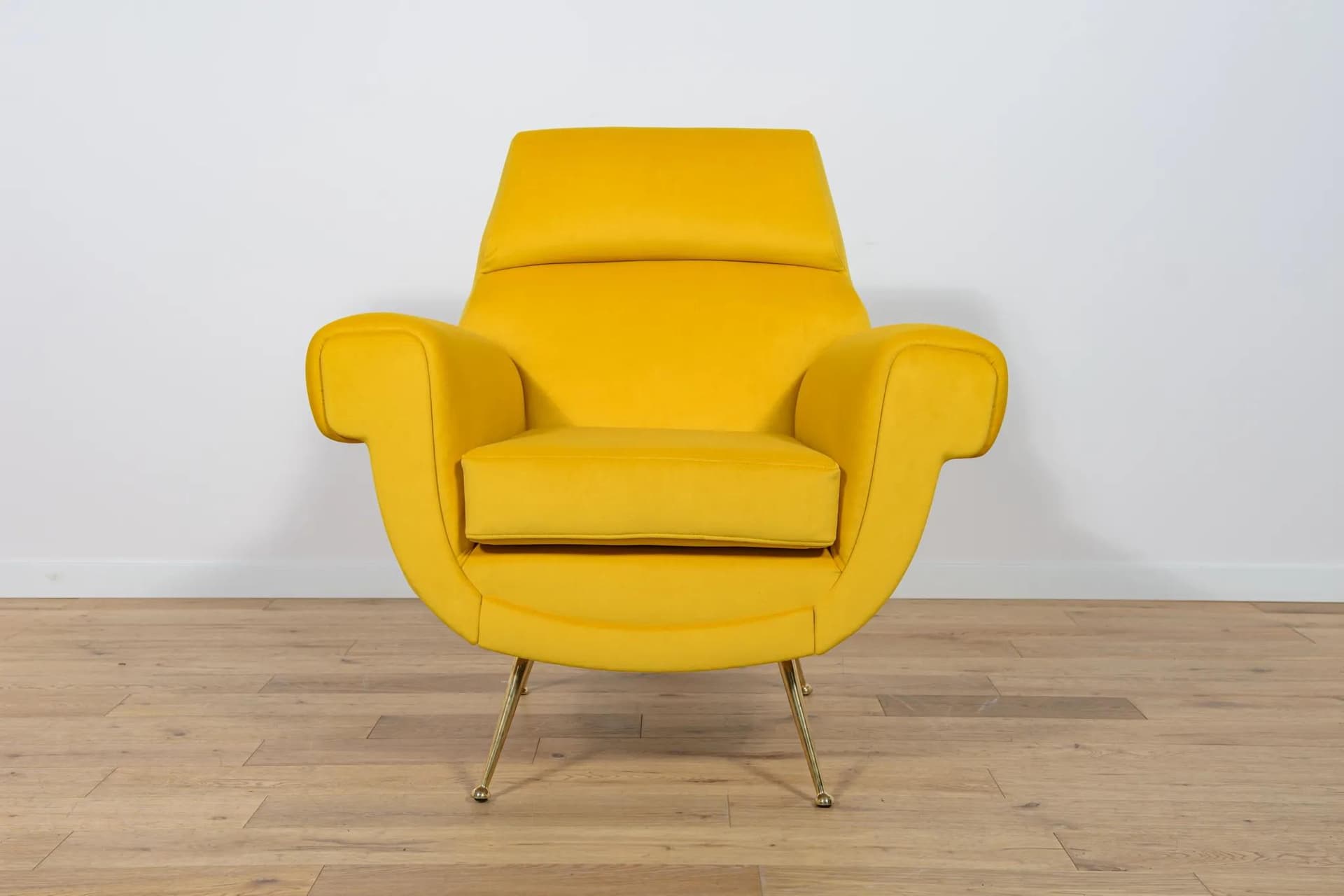 Fotel, velvet żółty, metal, proj. G. Radice, Minotti, Włochy, lata 50. - 75215