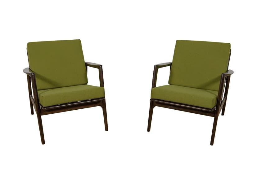 Para foteli 300-139, buk ciemnobrązowy, tkanina oliwkowa, Swarzędzka Fabryka Mebli, Polska, lata 60.