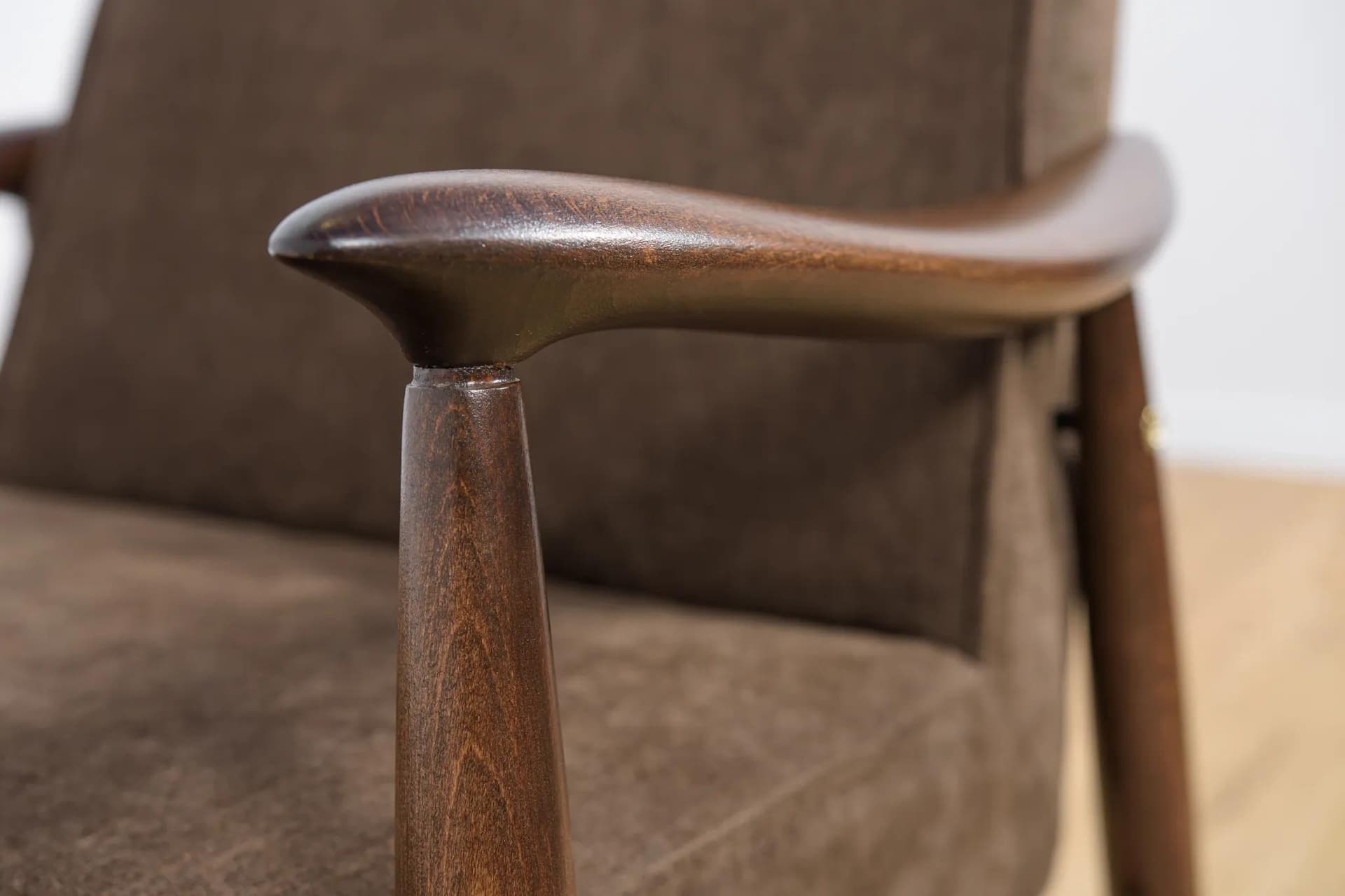 Pair of armchairs GFM-87, brown fabric, palisander wood, by J. Kędziorek, Poland, 1960s. - 75434