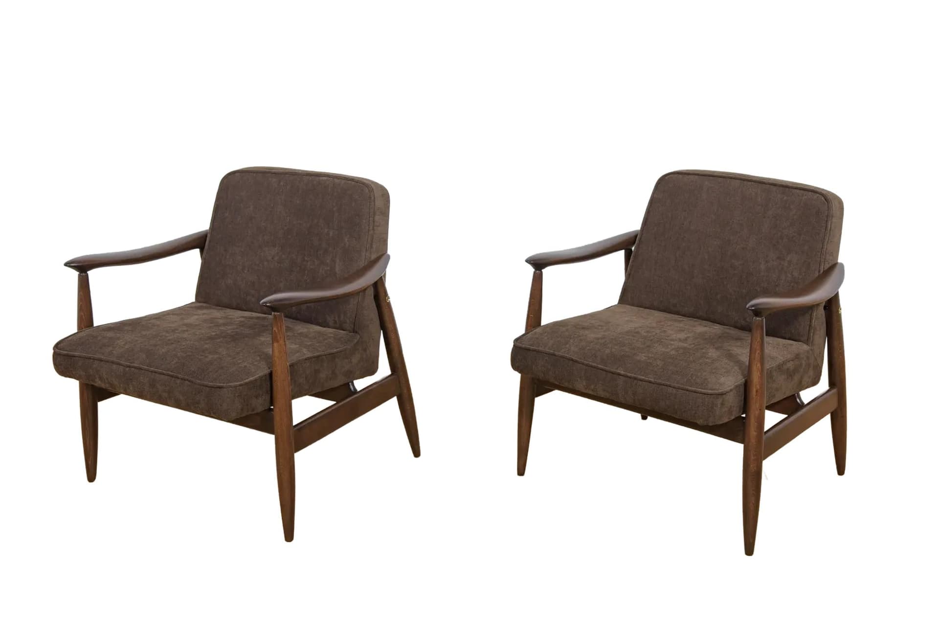 Pair of armchairs GFM-87, brown fabric, palisander wood, by J. Kędziorek, Poland, 1960s.