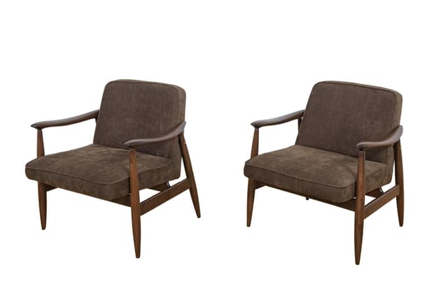 Pair of armchairs GFM-87, brown fabric, palisander wood, by J. Kędziorek, Poland, 1960s. - DIMENSION