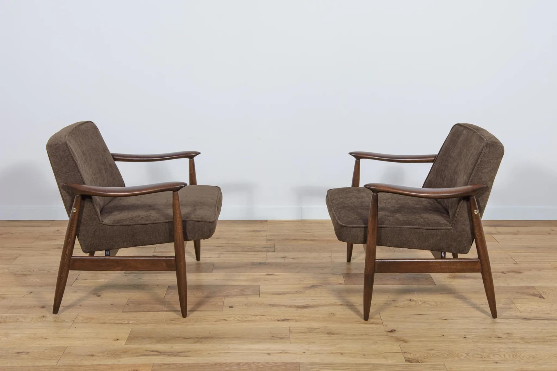 Pair of armchairs GFM-87, brown fabric, palisander wood, by J. Kędziorek, Poland, 1960s. - 75436