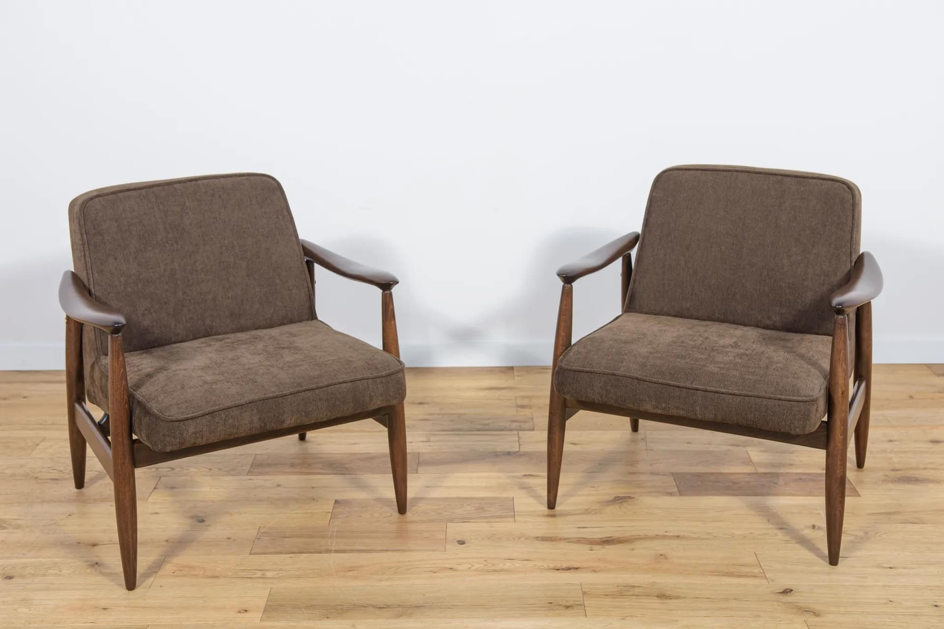 Pair of armchairs GFM-87, brown fabric, palisander wood, by J. Kędziorek, Poland, 1960s. - 75439