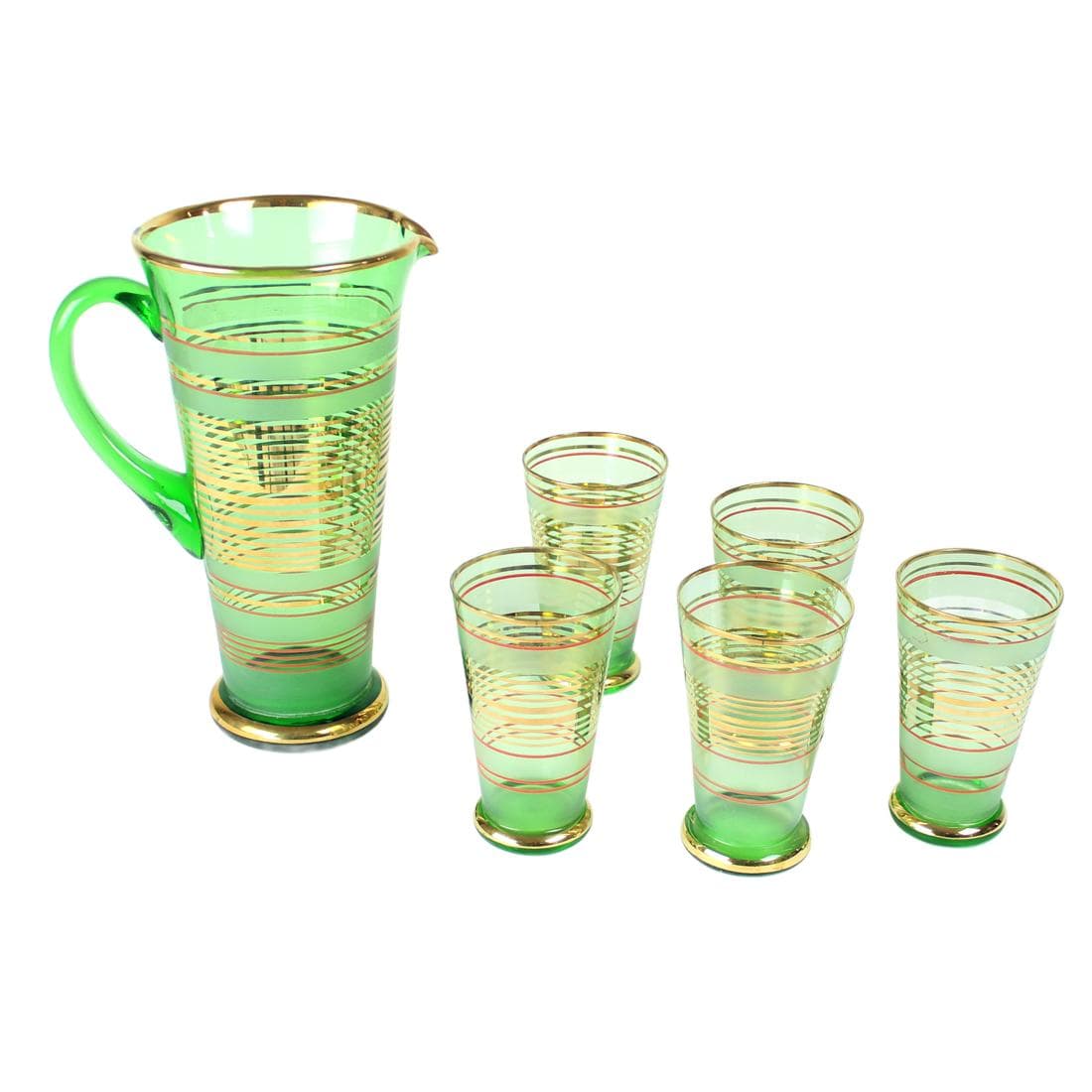 Modernist drinkware set, multicolor glass, Czechoslovakia, 1960s.