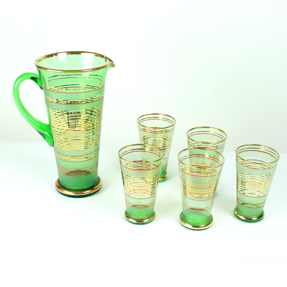 Modernist drinkware set, multicolor glass, Czechoslovakia, 1960s. - 75831