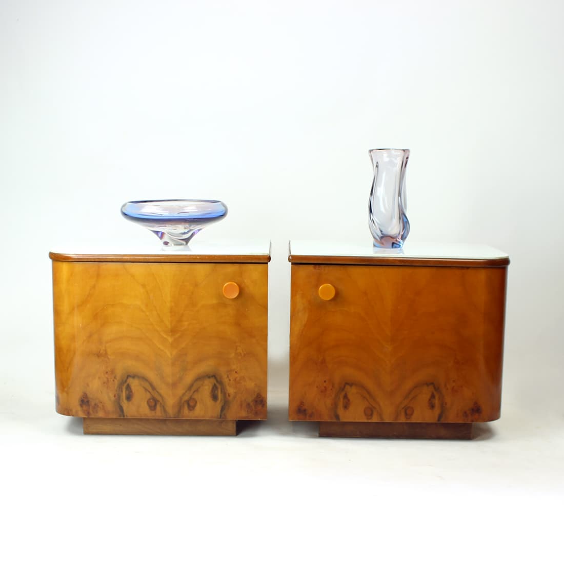 Pair of nightstands, walnut, white glass, Czechoslovakia, 1960s. - 75853