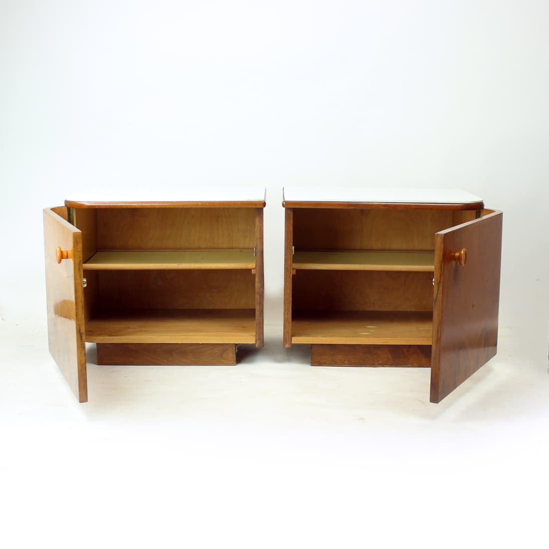 Pair of nightstands, walnut, white glass, Czechoslovakia, 1960s. - 75855