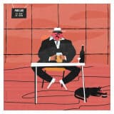 Samotny smutny człowiek z psem pije w barze