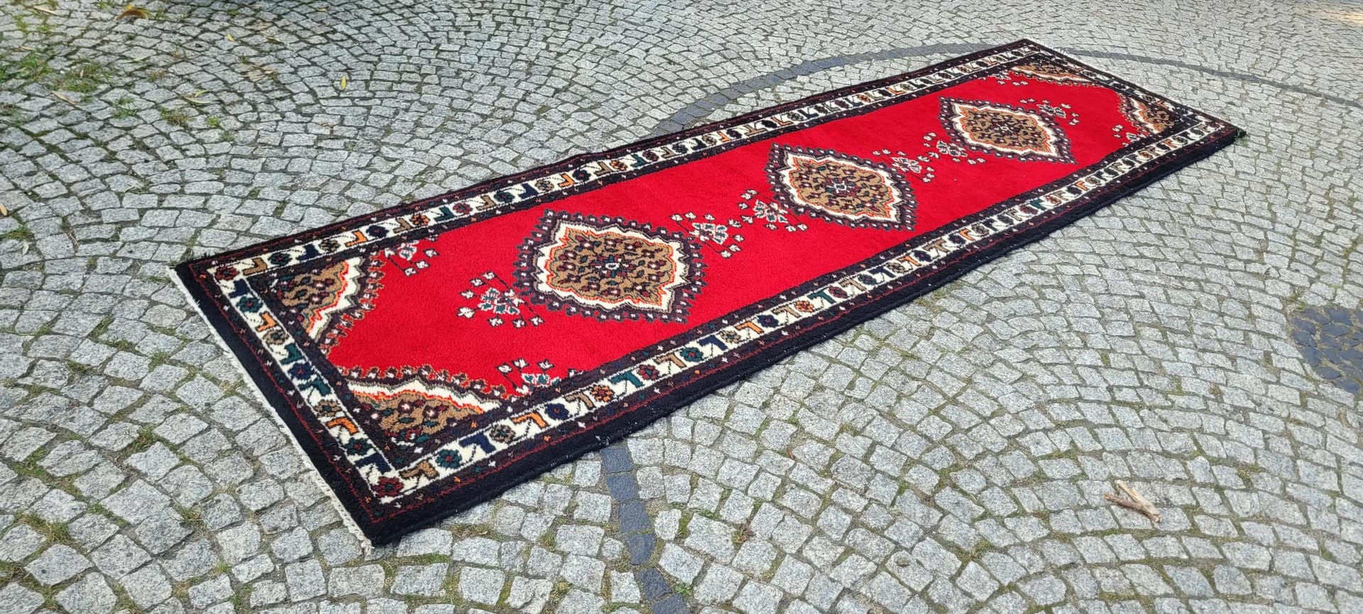 Chodnik Hamadan 95x340 cm, czerwony, wełna, Iran, lata 60. - 88326