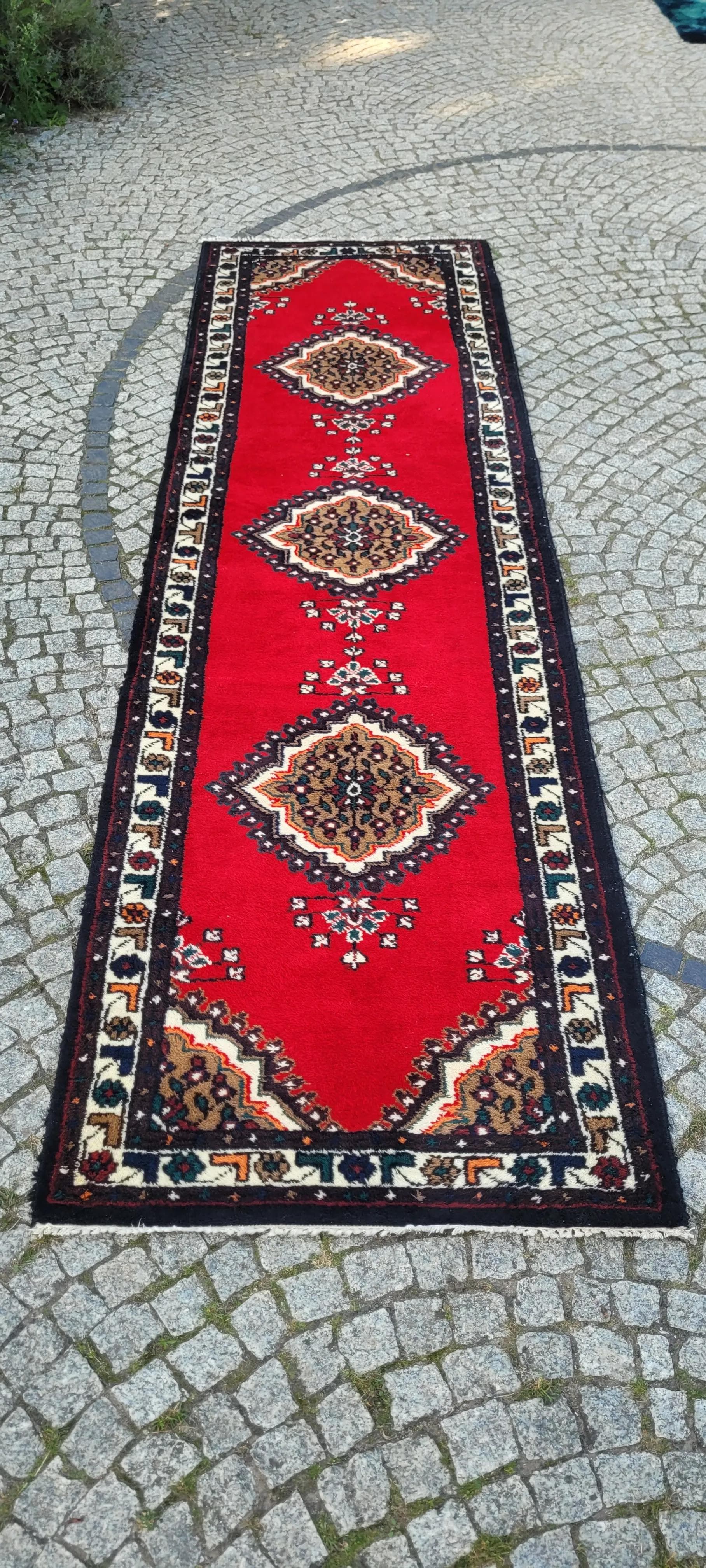 Chodnik Hamadan 95x340 cm, czerwony, wełna, Iran, lata 60. - 88325