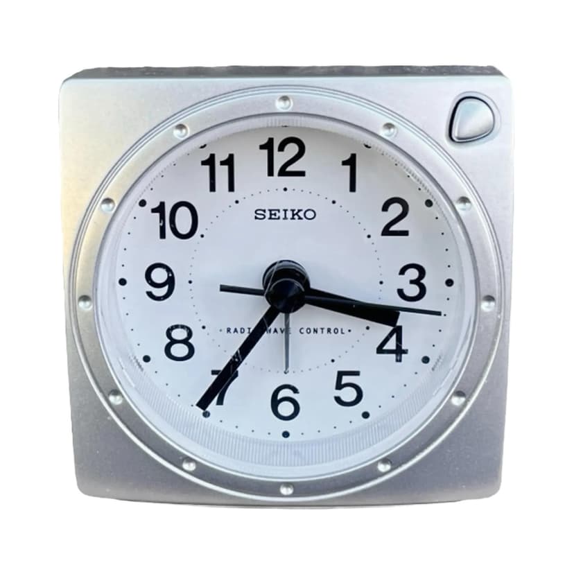 Budzik Space Age, srebrny, plastik, Seiko, Japonia, lata 80.