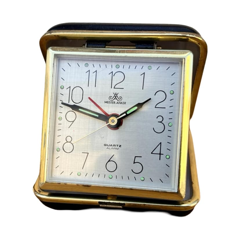 Budzik podróżny, Meister-Anker, srebrny, plastik, Niemcy, lata 70.