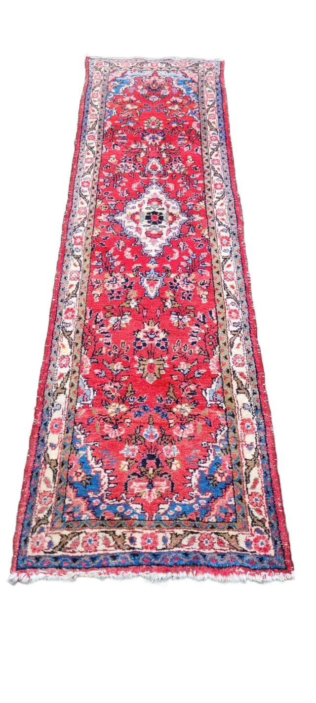 Chodnik Hamadan 78x285 cm, czerwony, wełna, Iran, lata 20. - WYMIARY