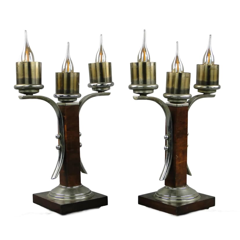 Pair of Art Deco table lamps, walnut, nickel-plated brass, Belgium, 1930s