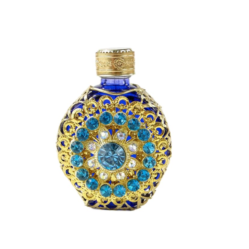 Flakon na perfumy, secesja, szkło kobaltowe, złocona koronka, wielobarwne kamienie, Czechosłowacja, lata 50.