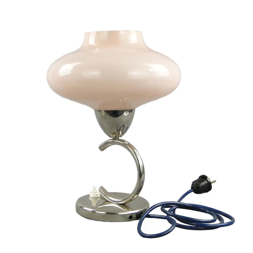 Table Lamp, Art Deco, nickel-plated steel, pink glass, Poland, 1930s.
