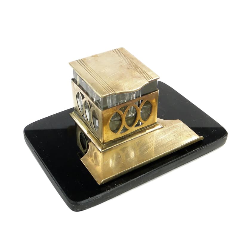 Kałamarz gabinetowy Art Deco, szkło czarne, Polska, lata 30.