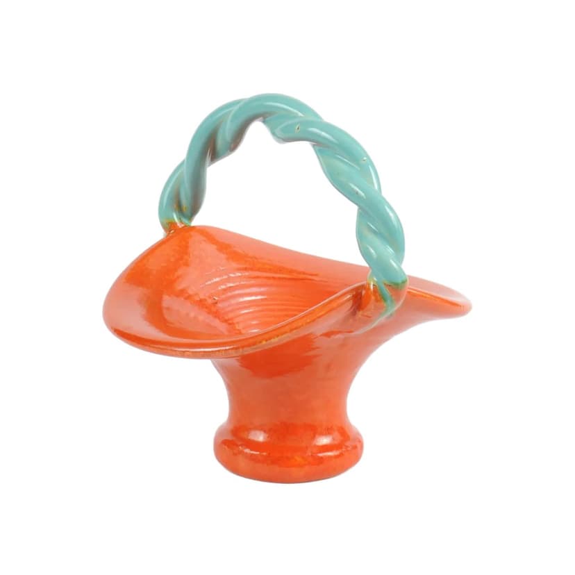 Ceramic basket, orange, turquoise ceramic, Roger Guerin, Belgium, 1930s.