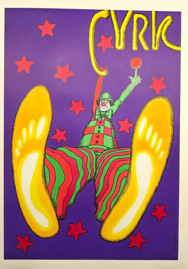 Cyrk clown wiszący na napisie (Oryginalny plakat cyrkowy), aut. B. Bocianowski, 1979 - WYMIARY