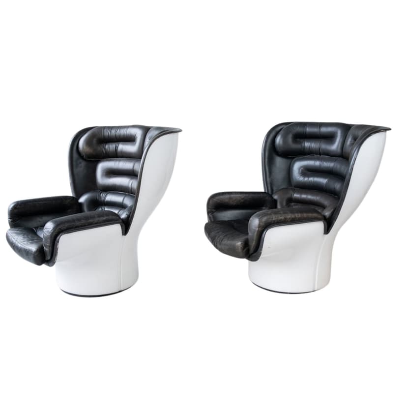 Para foteli lounge, czarne, skóra naturalna i włókno szklane, Włochy, lata 60.