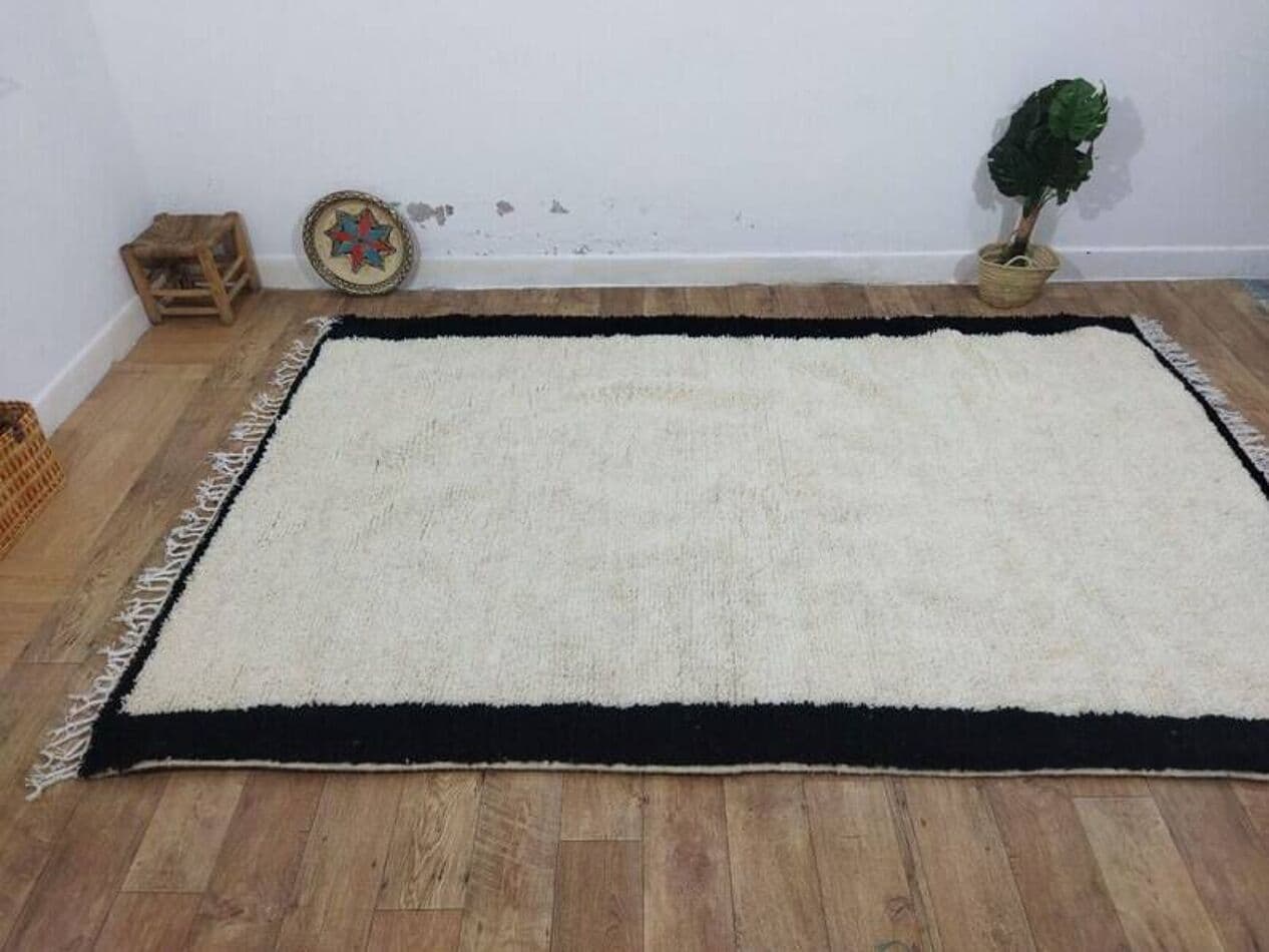 Handwoven rug 250x150 cm, wool, ivory, black, Morocco - 200416
