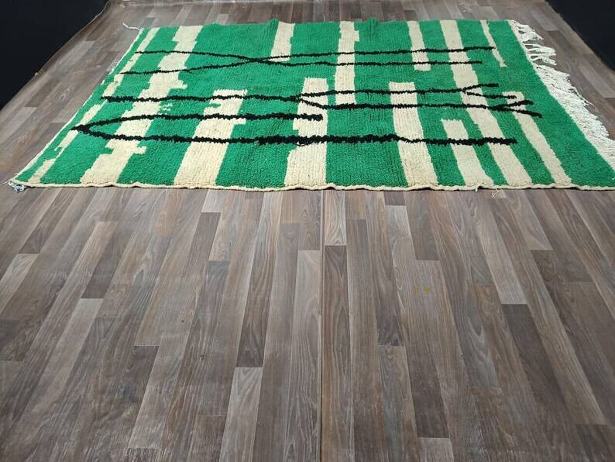 Ręcznie tkany dywan 250x150 cm, wełna, zielony, ecru, czarny, Maroko - 201012