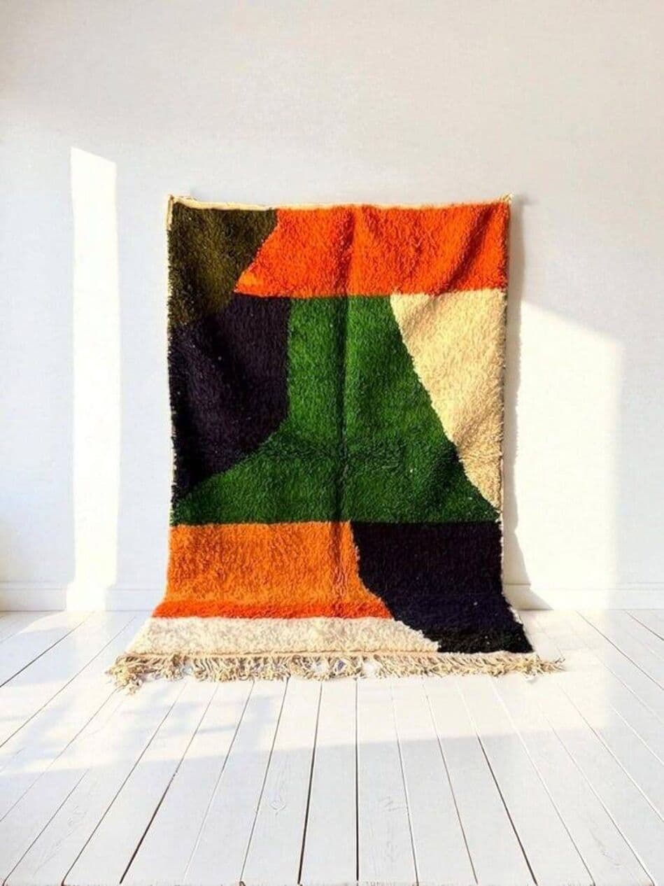 Ręcznie tkany dywan 250x150 cm, wełna, ecru, zielony, pomarańczowy, czarny, oliwkowy, Maroko - 200717