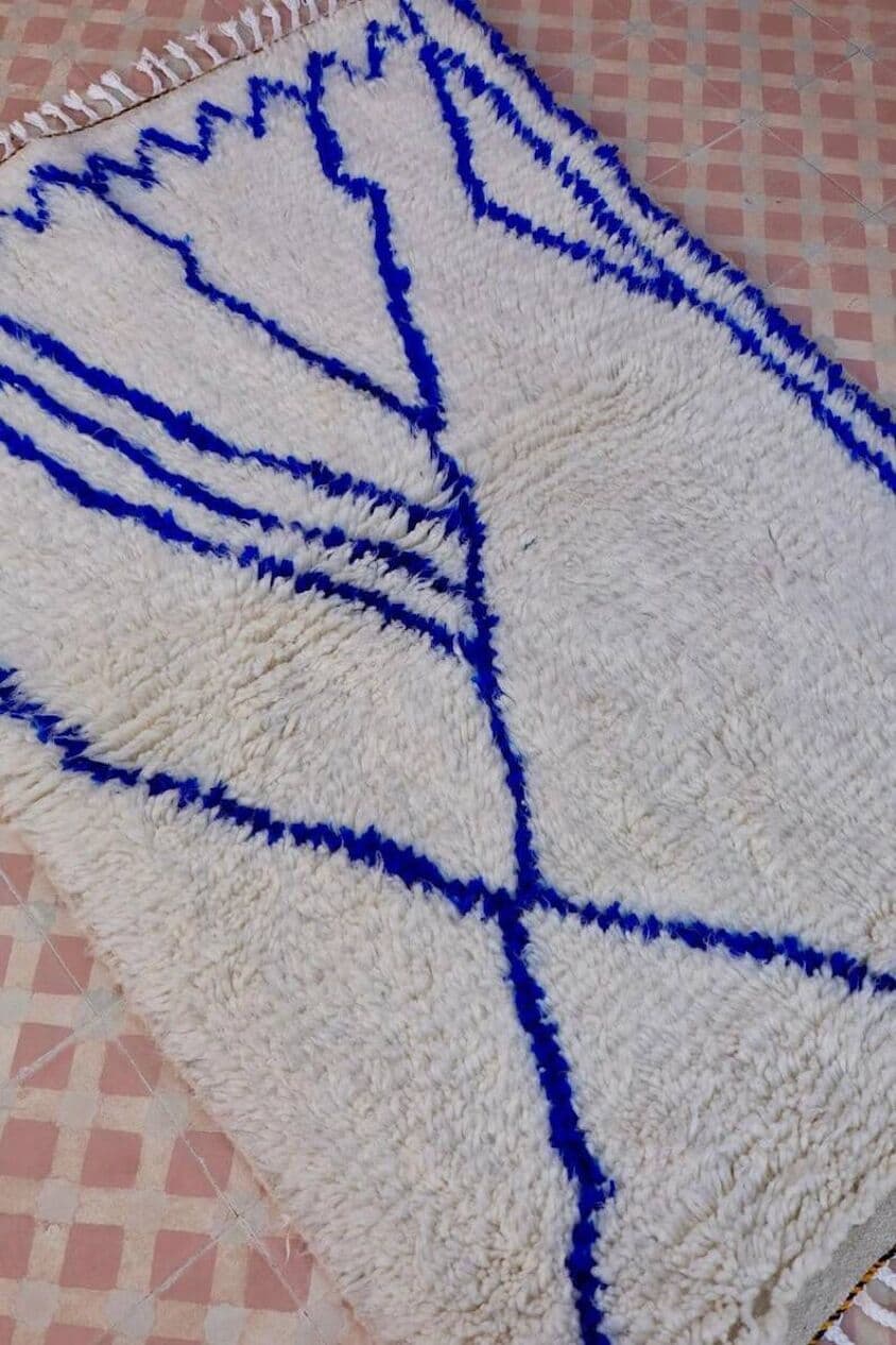 Ręcznie tkany dywan 100x200 cm, wełna, kremowy, niebieski, Maroko - 201553