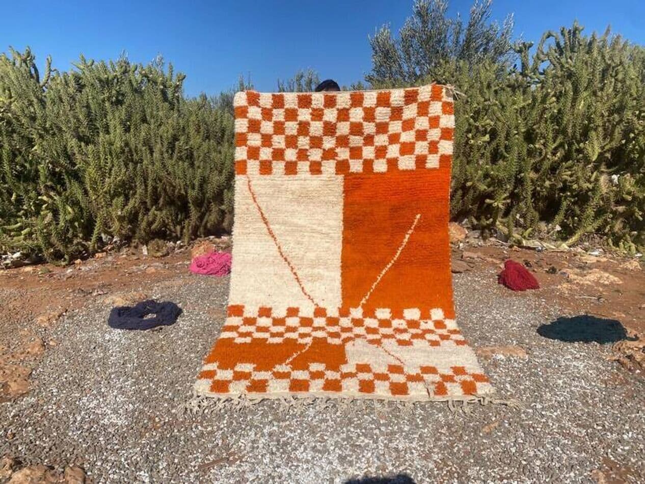 Ręcznie tkany dywan 250x150 cm, wełna, pomarańczowy, biały, Maroko - 202555