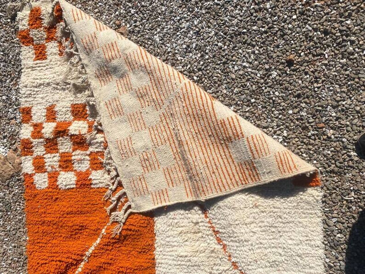 Ręcznie tkany dywan 250x150 cm, wełna, pomarańczowy, biały, Maroko - 202558