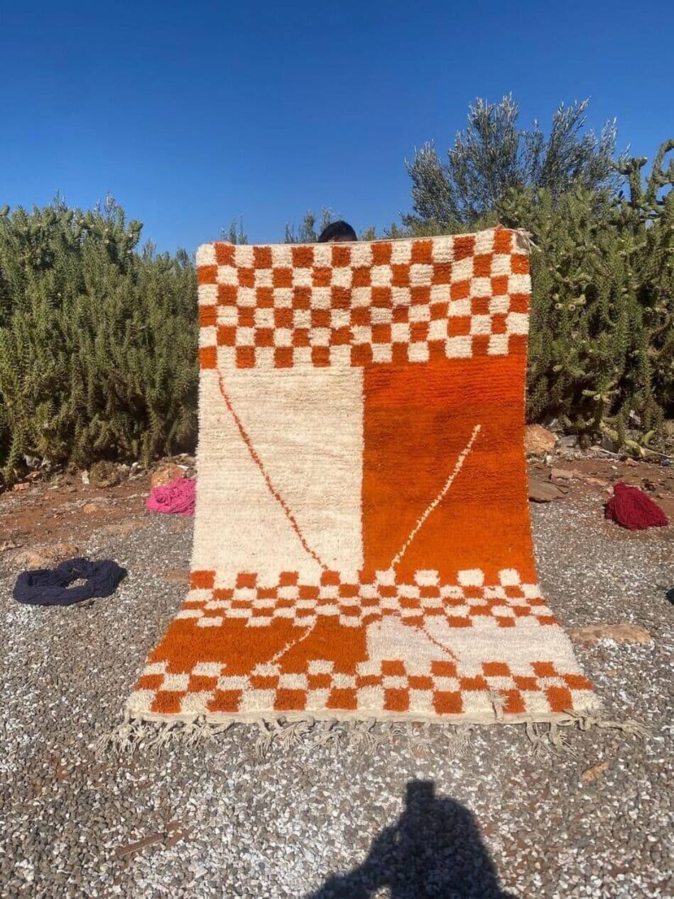 Ręcznie tkany dywan 250x150 cm, wełna, pomarańczowy, biały, Maroko - 202556
