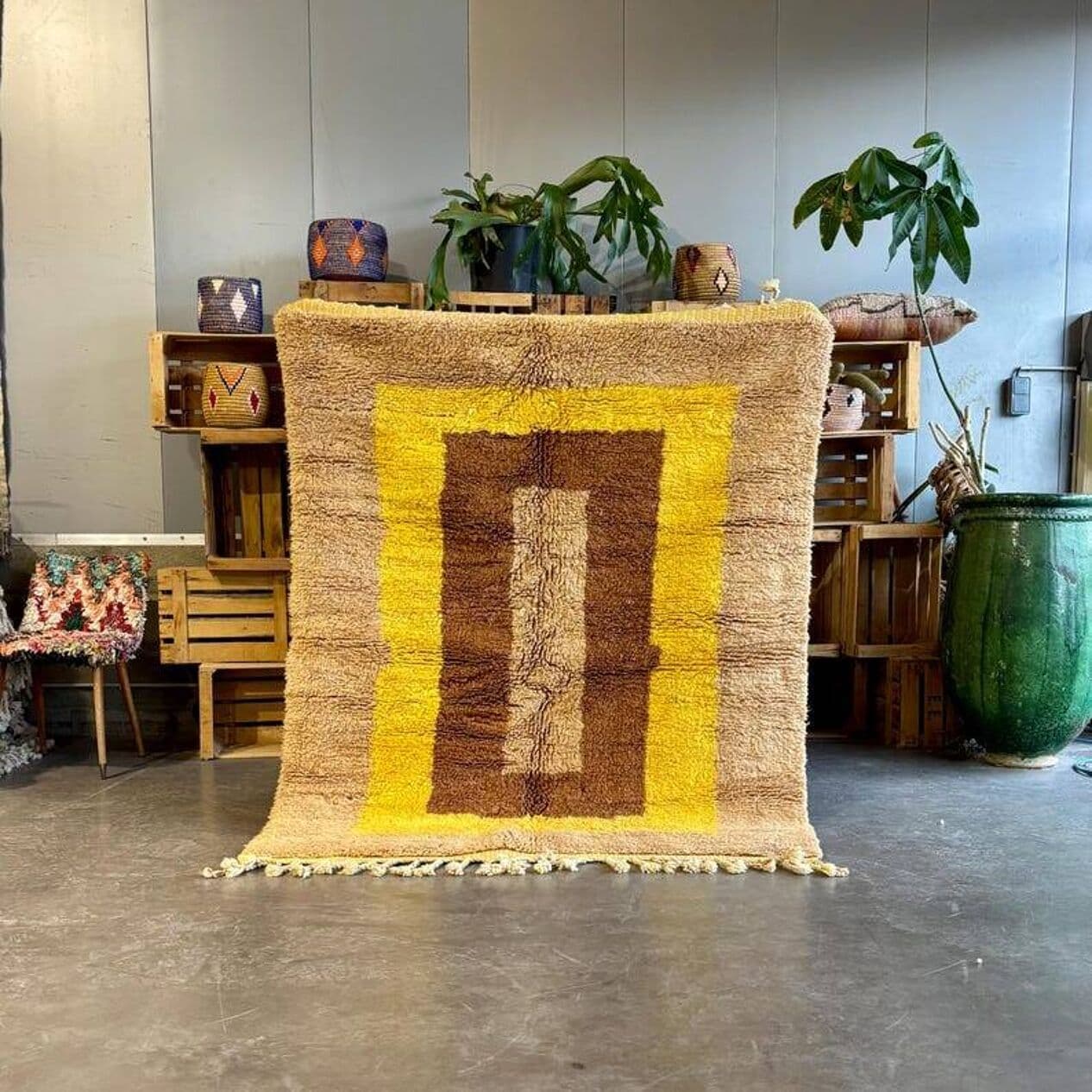 Ręcznie tkany dywan 200x300 cm, wełna, beżowy, brązowy, żółty, Maroko - 202118