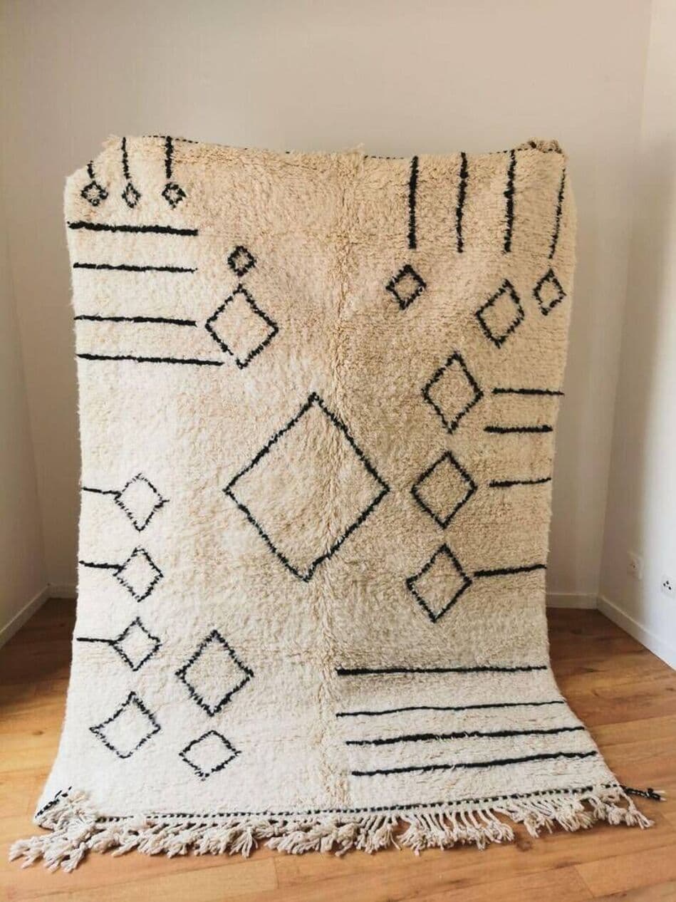 Ręcznie tkany dywan 250x150 cm, wełna, beżowy, czarny, Maroko - 201970