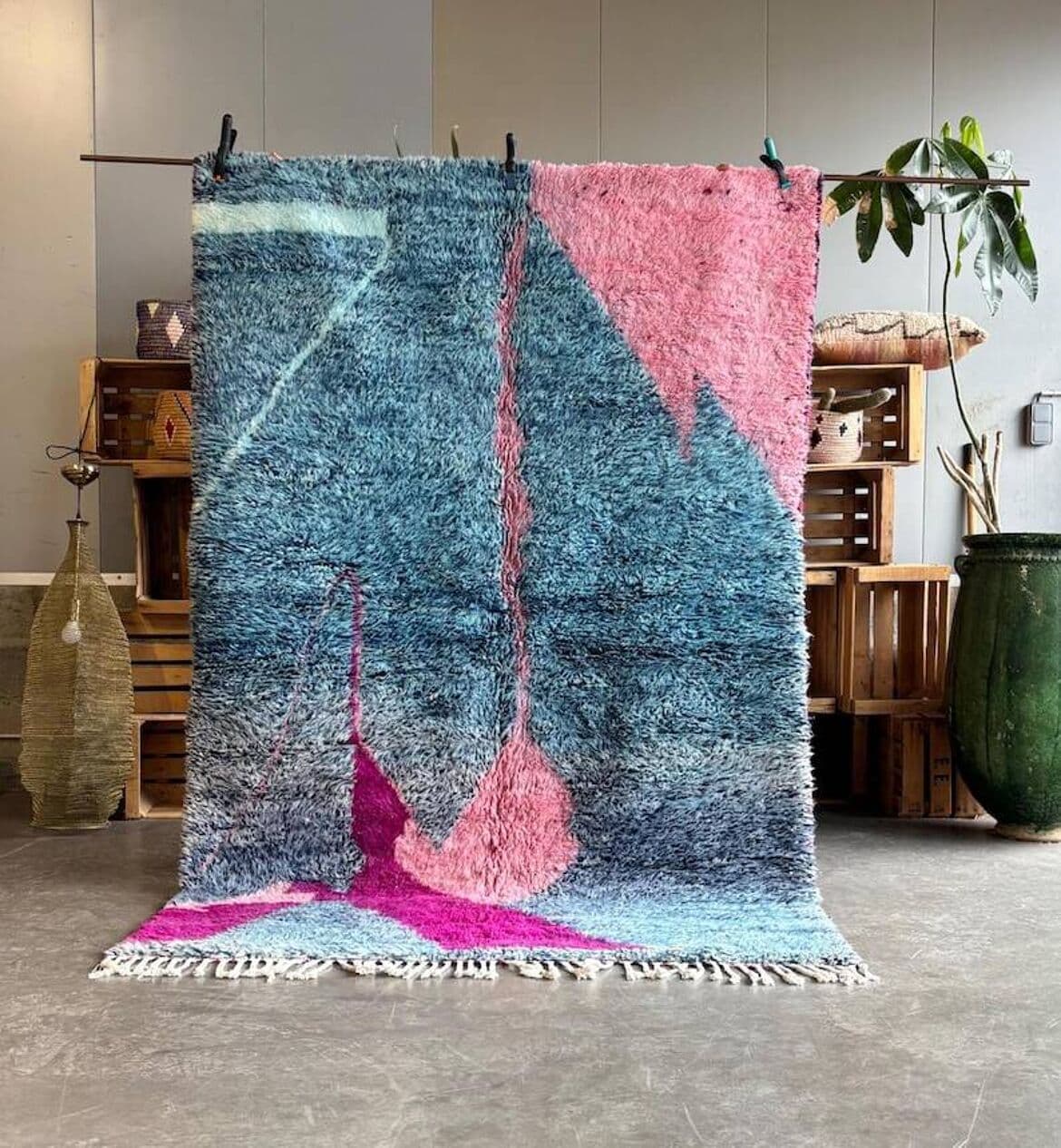 Ręcznie tkany dywan 250x150 cm, wełna, niebieski, różowy, kremowy, Maroko - 203119