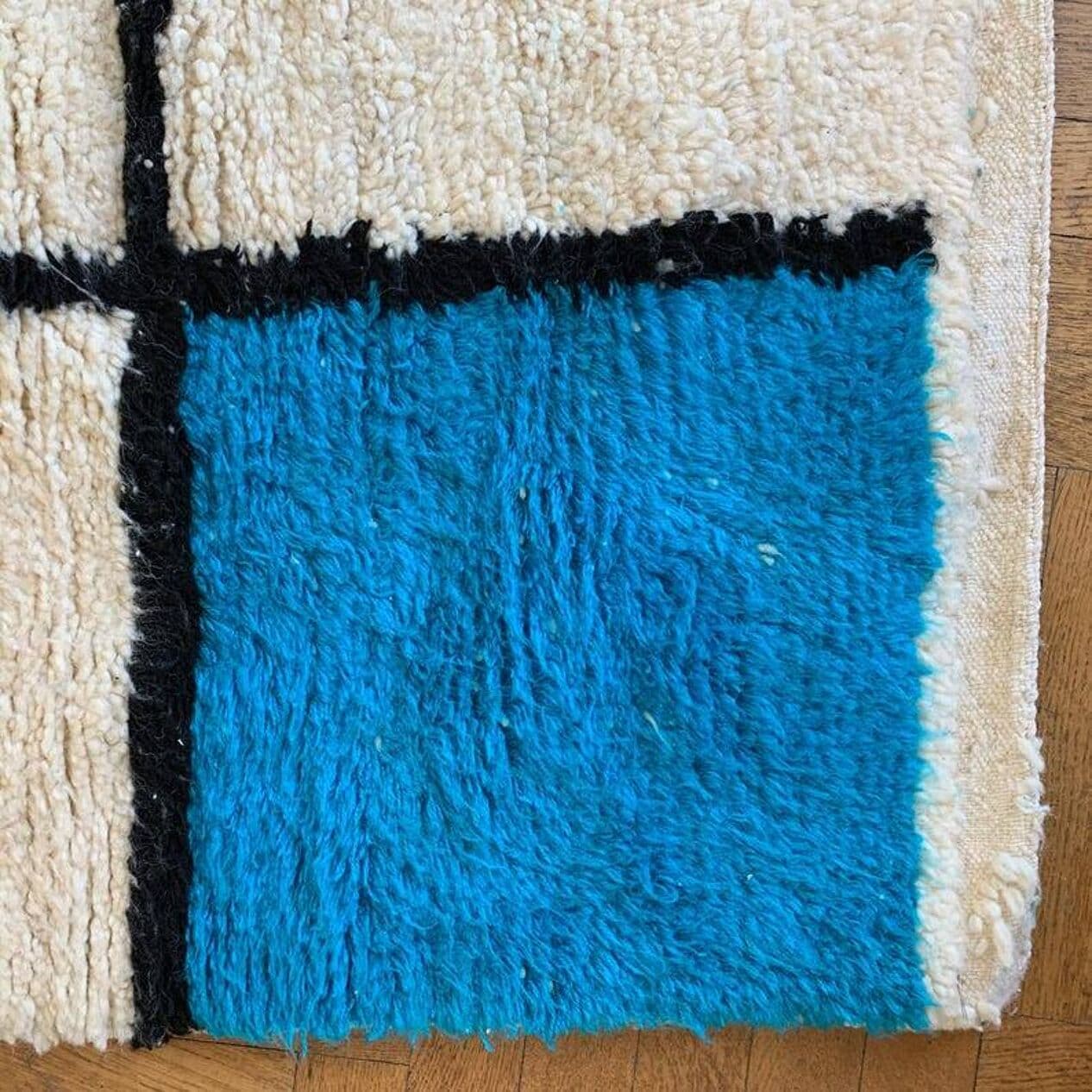 Ręcznie tkany dywan 250x150 cm, wełna, beżowy, czarny, turkusowy, Maroko - 203331