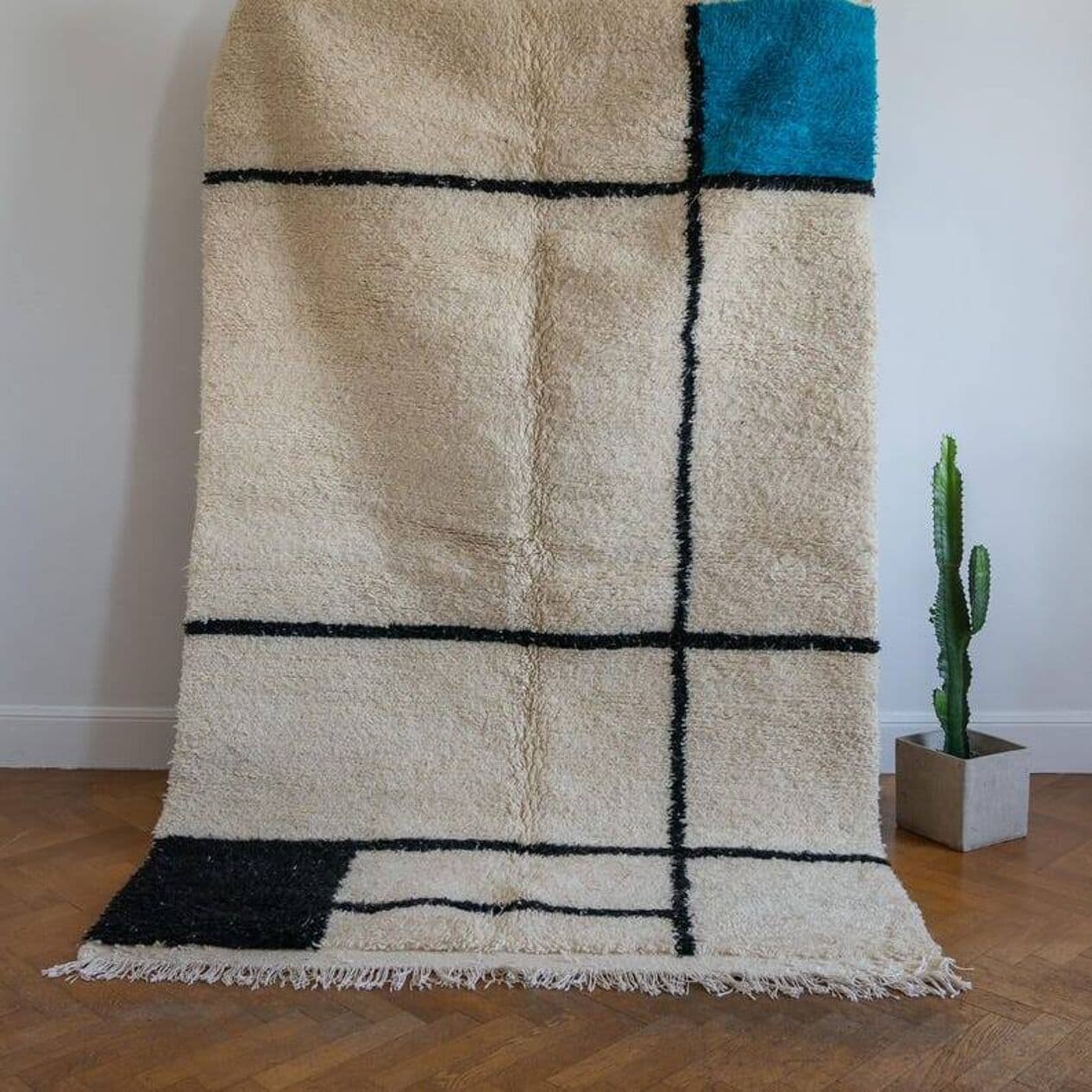 Ręcznie tkany dywan 250x150 cm, wełna, beżowy, czarny, turkusowy, Maroko - 203329