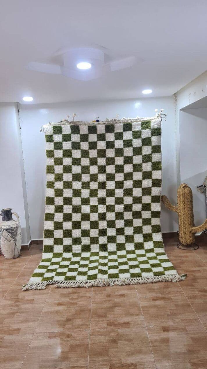 Ręcznie tkany dywan 250x150 cm, wełna, oliwkowy, biały, Maroko - 203295