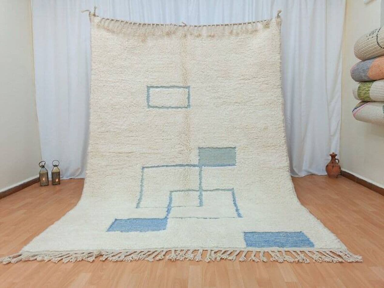 Ręcznie tkany dywan 100x200 cm, wełna, biały, niebieski, Maroko - 204256