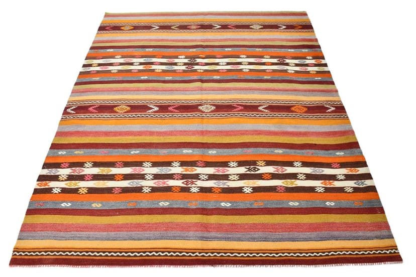 Kilim 210x178 cm, koralowy, czerwony, wełna, lata 70.